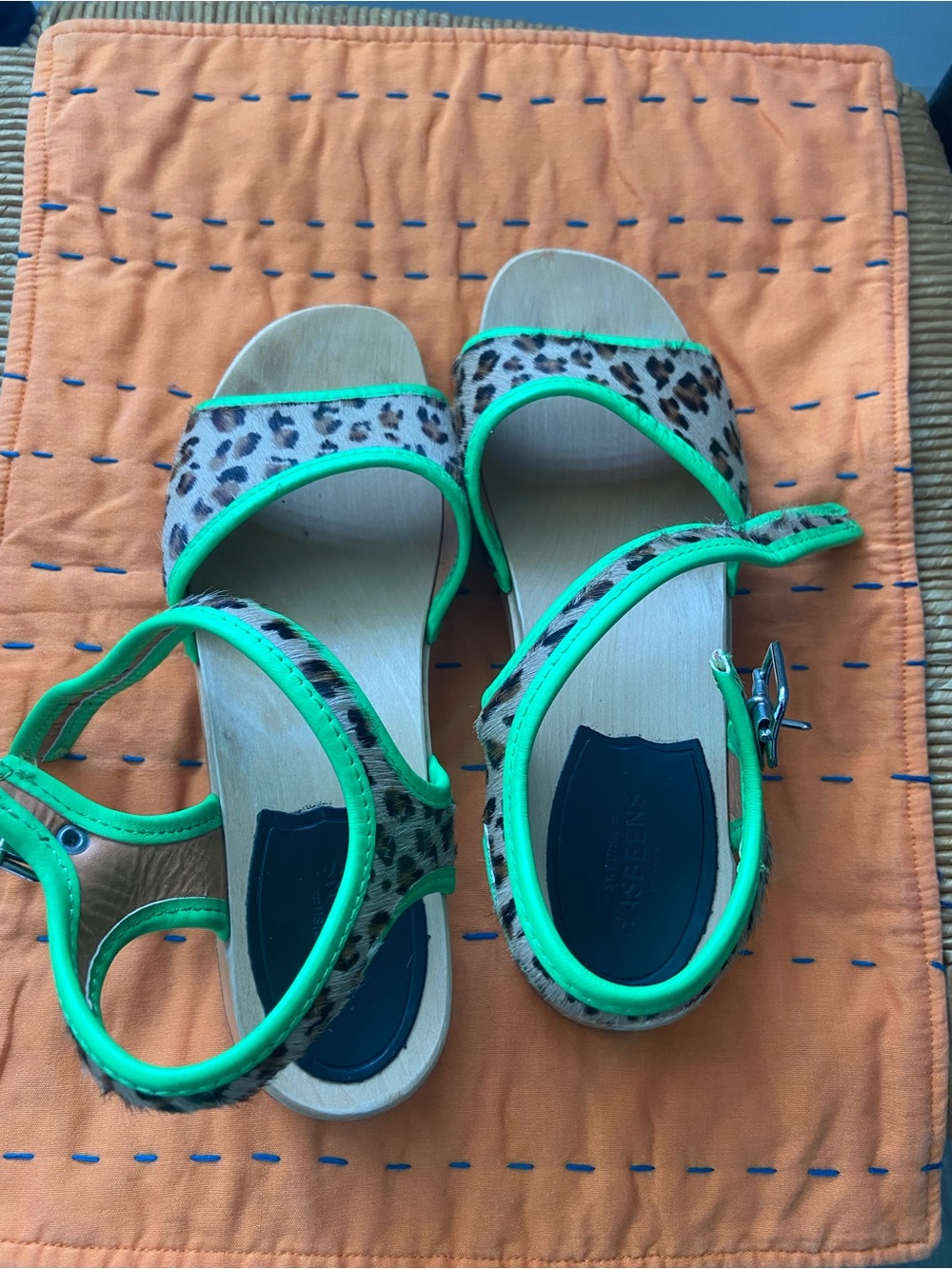 Swedish Hasbeens Neon Green Trim Leopard Print Sandals